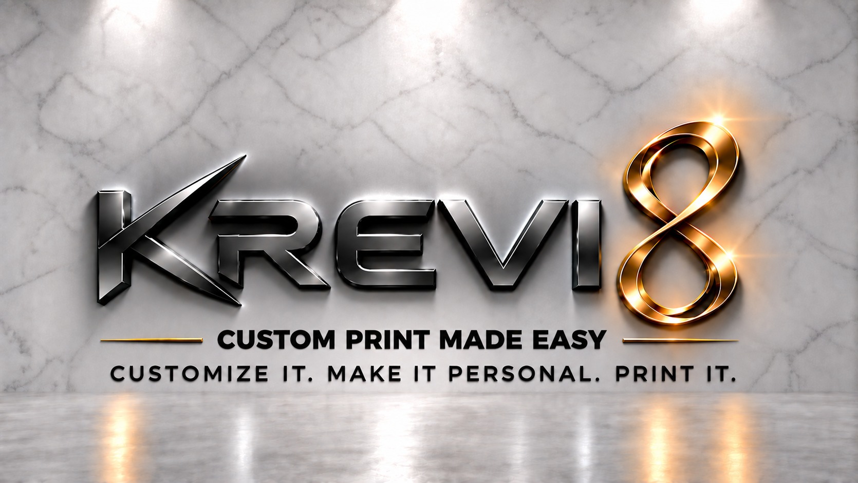 KREVI8 metallic charcoal and gold logo on a light marble background.